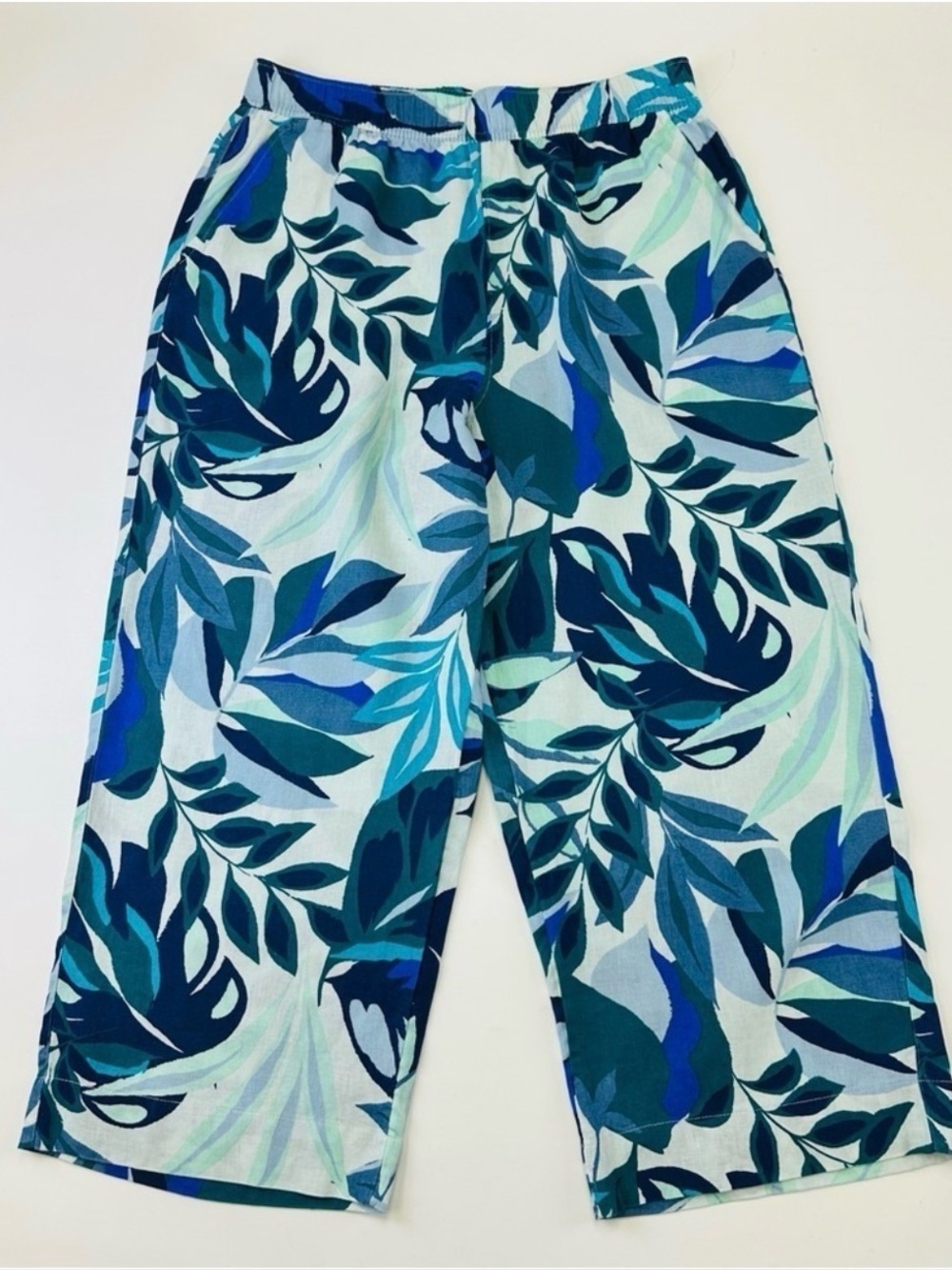 Linen wide leg crop pant Wonens XL tropical blue turquoise print pull on pant